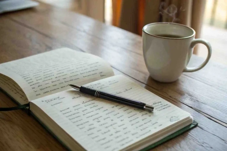 An open notebook on a table, ready for an emotional waves journaling session. A pen and a warm cup of tea are nearby, creating a calm scene.