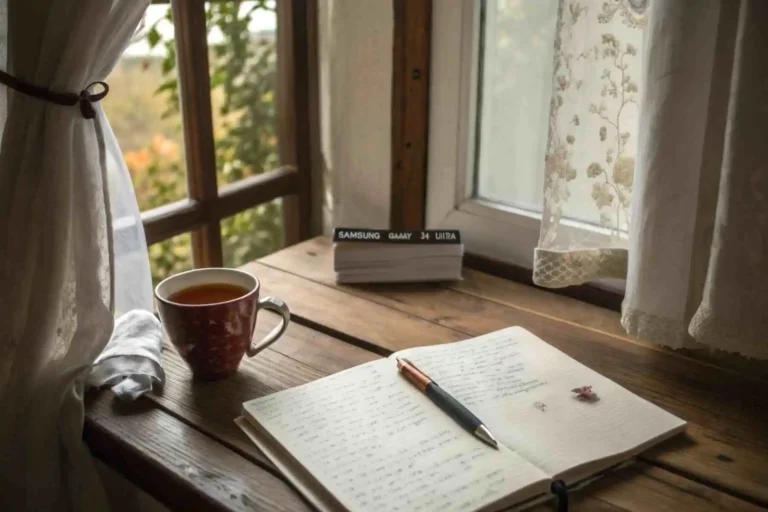 A quiet corner embodying soft chaos energy, with an open journal and a cup of tea by a window with soft morning light.