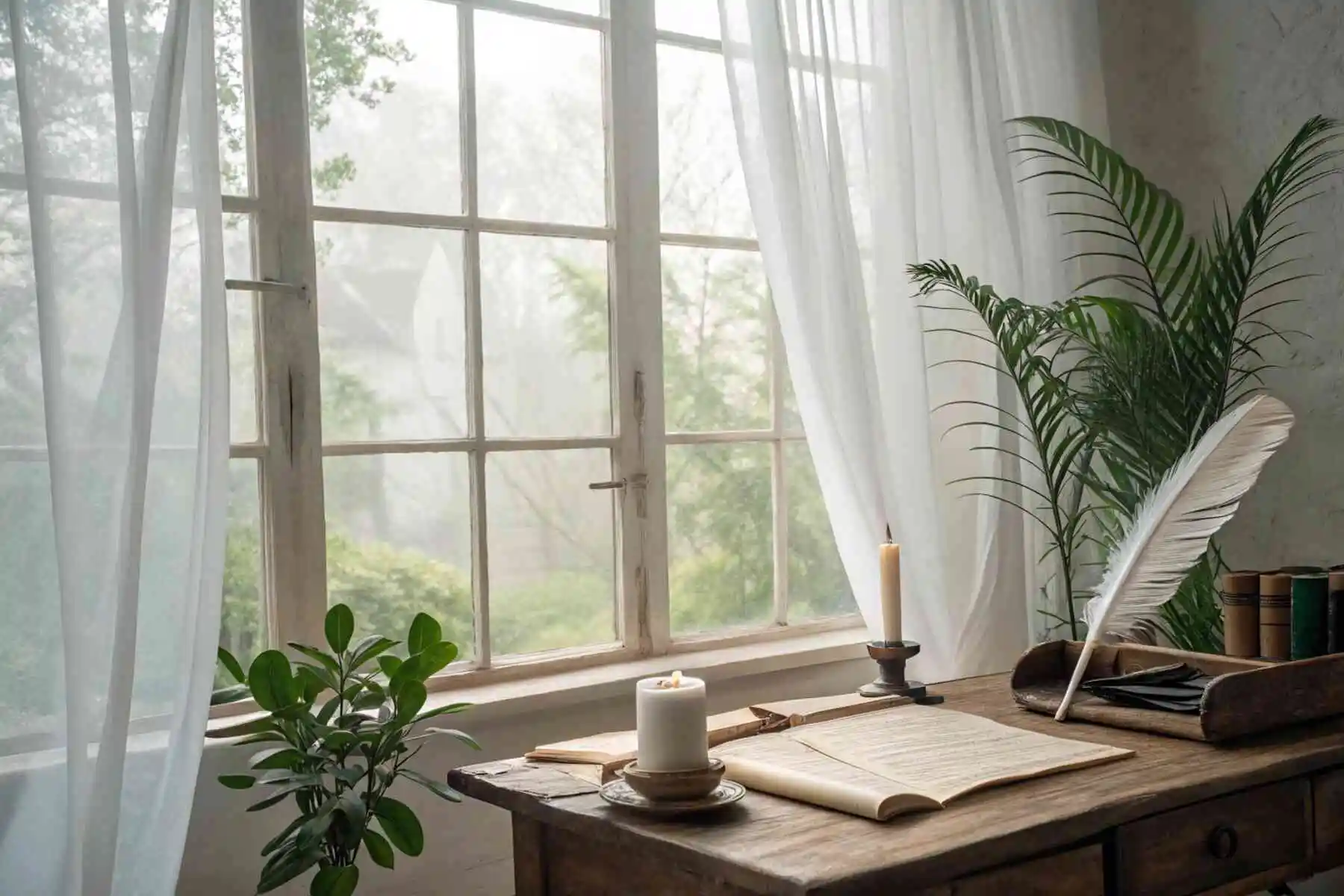 A quiet writing desk with a parchment scroll, a white feather quill, and candles by a large window with sheer curtains. Peaceful morning light and indoor plants create a serene, poetic atmosphere. No people.