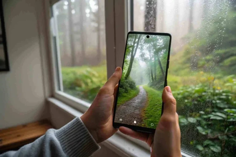Hands holding a phone displaying a forest, creating a digital sanctuary that connects to a garden view through a window.
