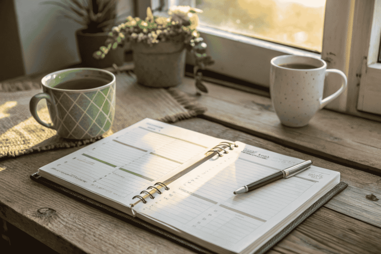 A person begins their day with an open slow living daily planner and a hot drink, ready to create a fresh and sustainable rhythm.