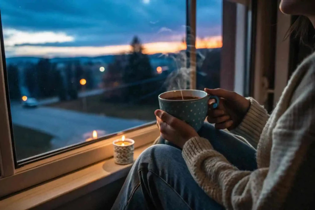 A person holds a warm mug during a digital light fasting, finding comfort in a simple, nutritious sensory moment by a dimly lit window.