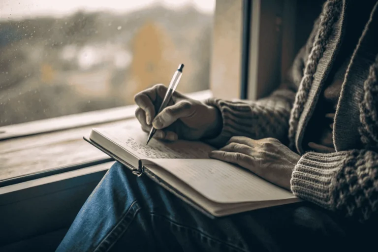 A person finding cyclic clarity by journaling. Their hands are paused over an open notebook in soft light, reflecting on their inner season and rhythm.