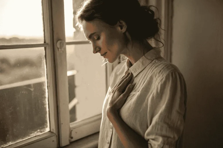 A woman's hands rest on her chest in a simple act of self-care, a core part of somatic exercises for nervous system regulation.