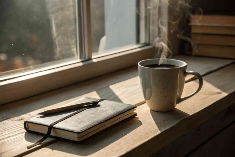 A moment of narrative rest with a closed journal and a steaming ceramic mug of tea in soft morning light, creating space for emotional stillness.
