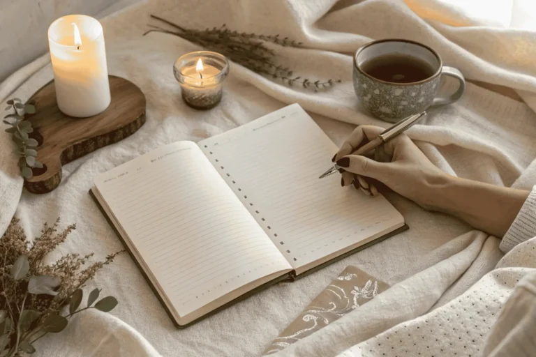 A serene flat lay of an open manifestation journal, a hand holding a pen, a lit candle, and a cup of tea, creating a sacred ritual space.