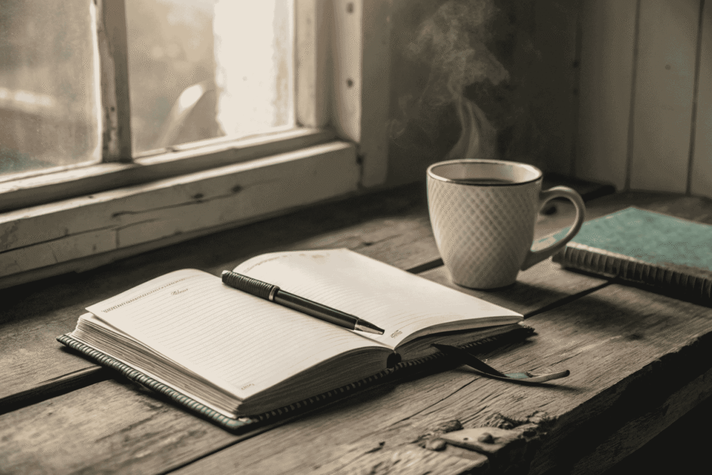 An open journal and pen illuminated by soft light, inviting the user to begin writing with these shadow work journal prompts for healing