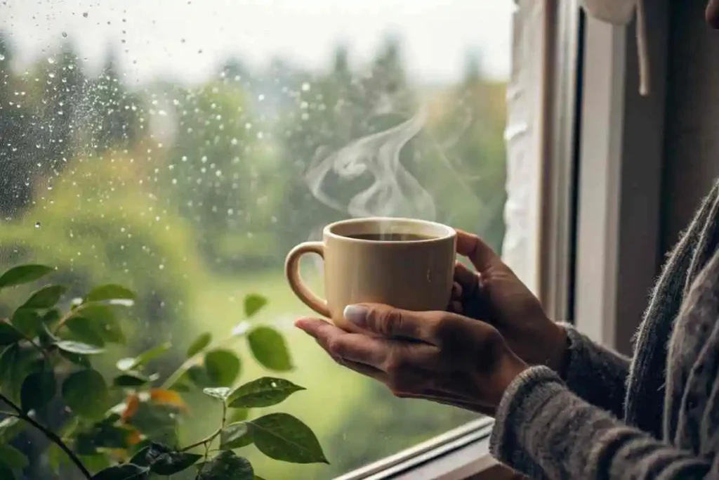 A person's hands holding a warm mug, finding a moment of peace to counter post-AI burnout. This quiet ritual helps to heal quiet exhaustion.
