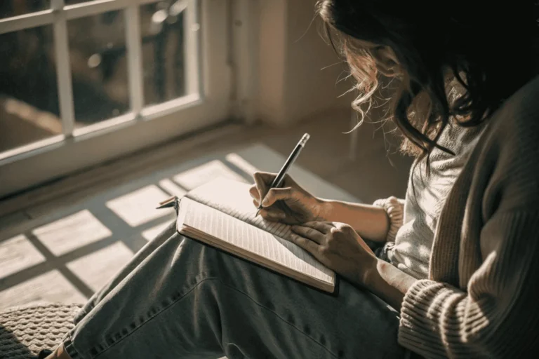 A woman's hands on an open journal, ready to explore shadow work questions in a room with soft, dappled light.