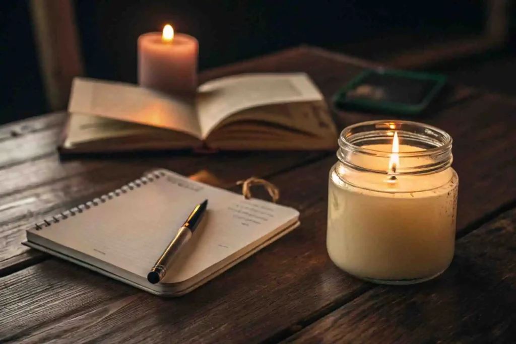 A lit candle glows beside an open journal, a way of creating inner light during a mindful sun exposure journaling session in the evening.