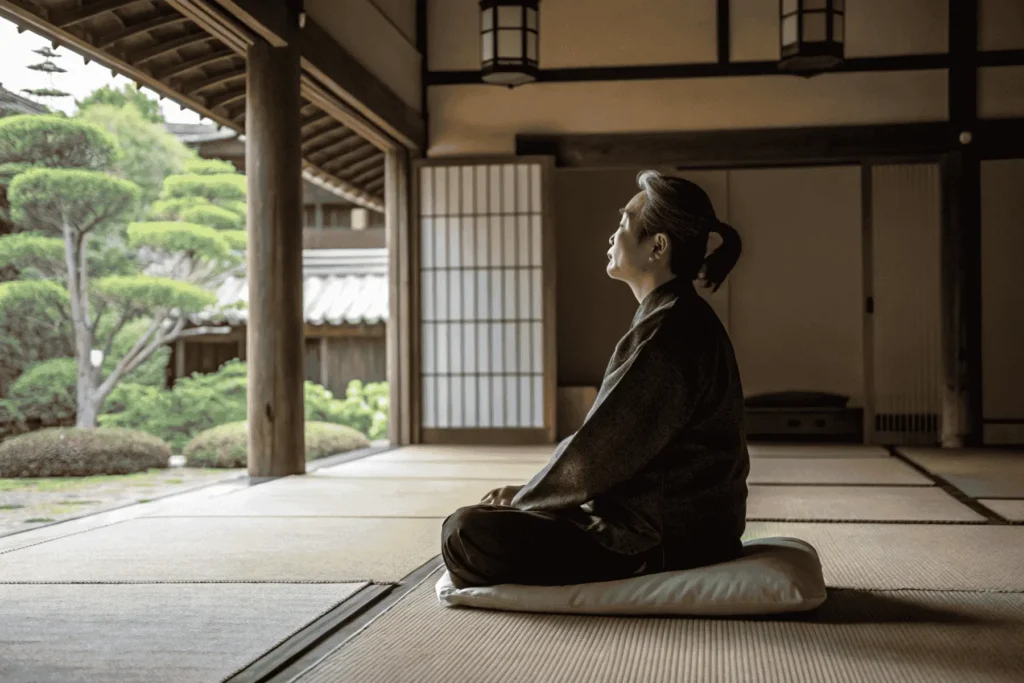 A person with eyes closed in a balanced posture, demonstrating the focused calm achieved through the Sacred Square in a breathwork online session.