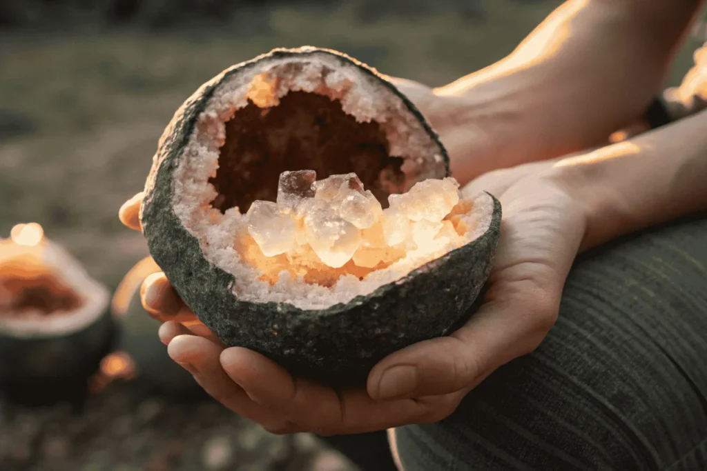Hands hold a cracked geode with glowing crystals inside, symbolizing how shadow work journal prompts help find hidden gifts.