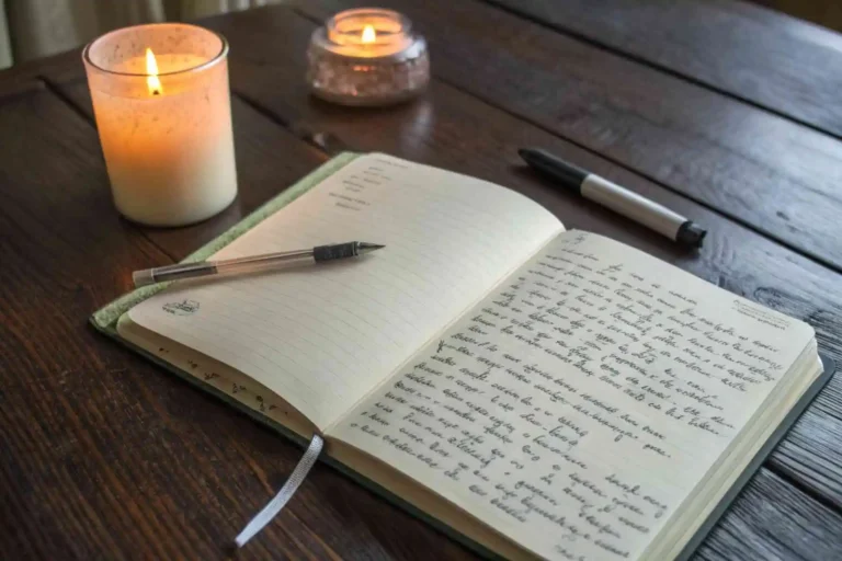 A quiet scene for digital light fasting: a lit candle casts a warm, heavenly glow on an open journal and pen in a dark, peaceful room.