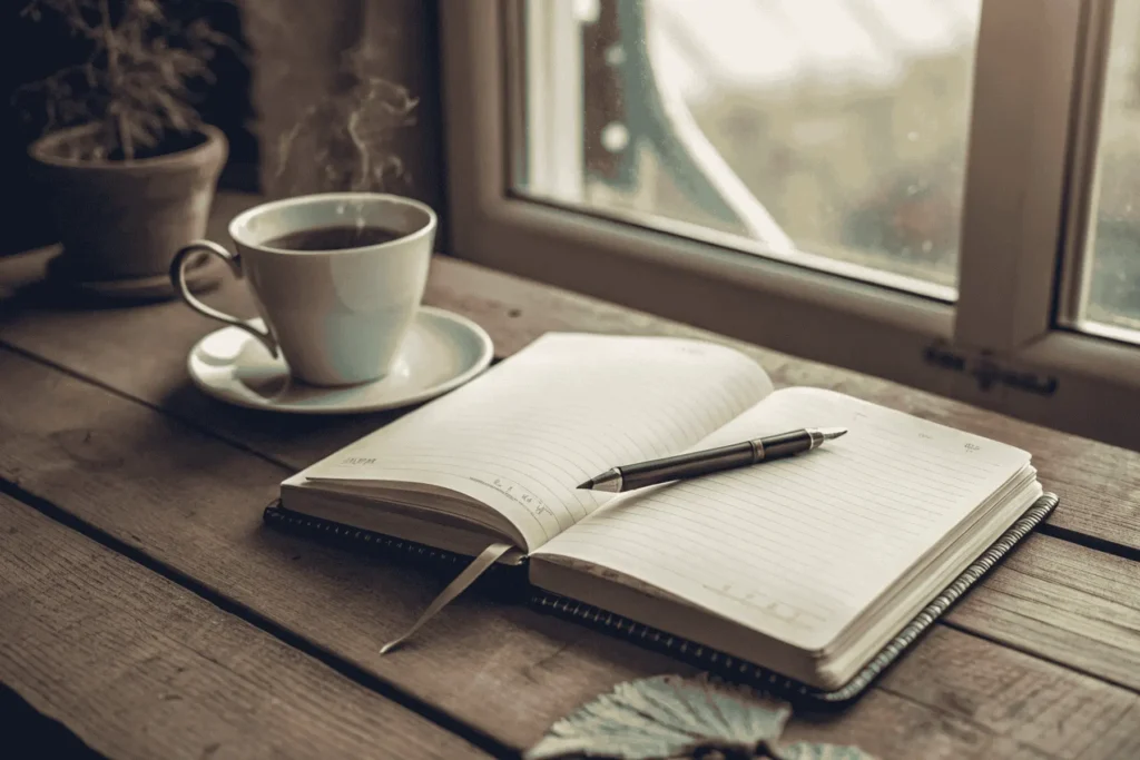 An open journal and pen beside a cup of tea, ready for reflection after practicing breathing exercises for anger and finding calm.