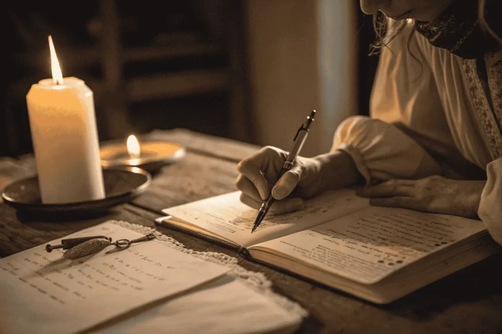 A person journaling by candlelight, a sacred act of witnessing one's own masculine and feminine energy through written reflection.