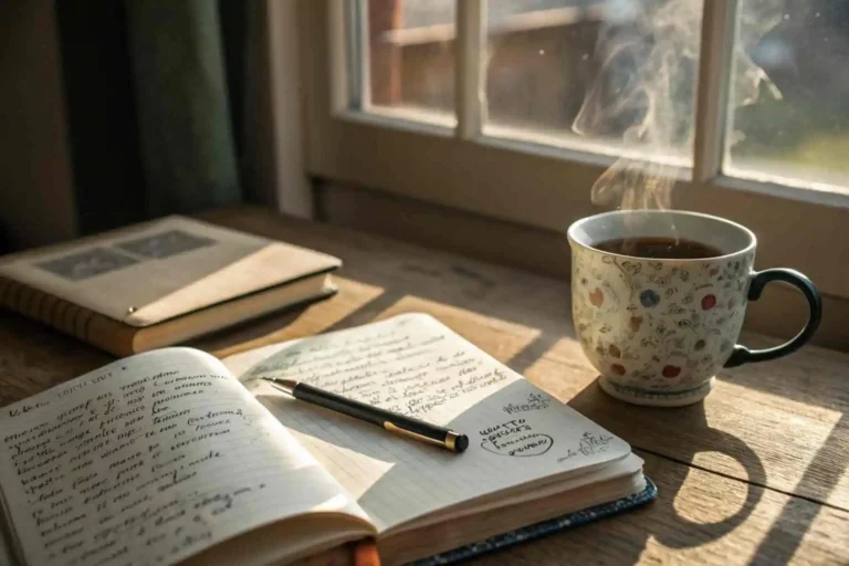 An open journal and pen used to plan gentle automation systems, placed next to a calming cup of tea on a peaceful wooden desk.
