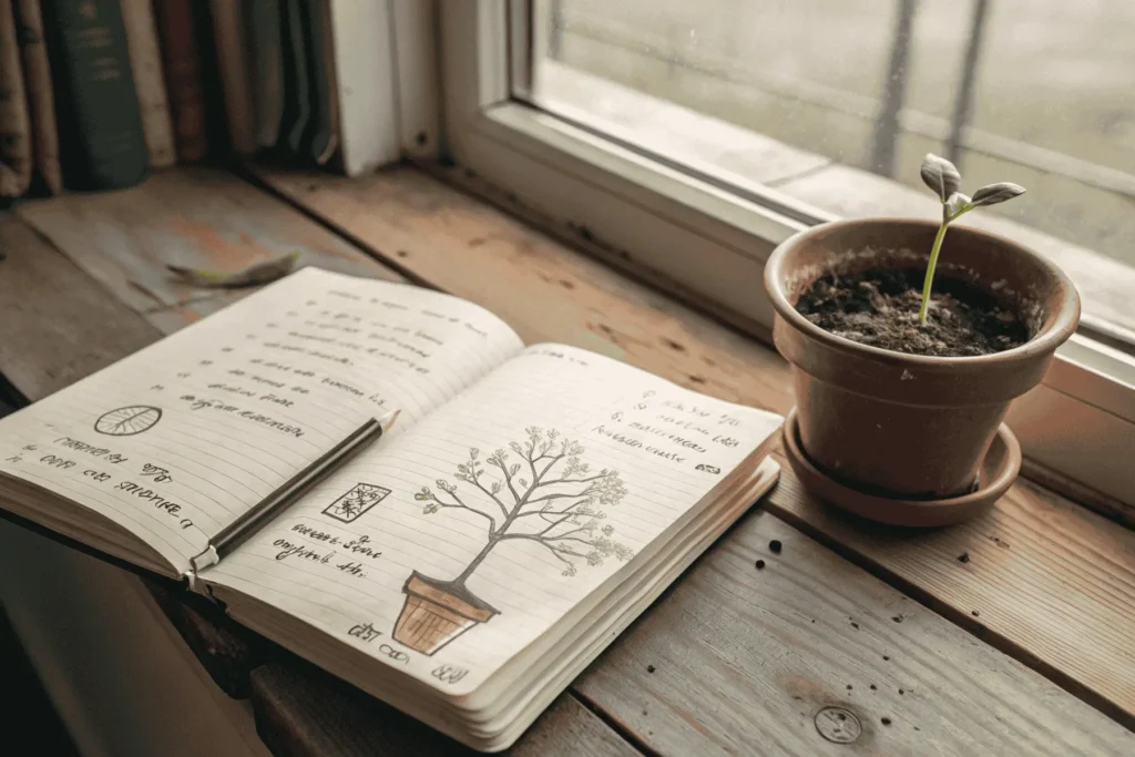 An open journal shows notes on inner seasons, helping one find cyclic clarity next to a sprouting plant that symbolizes a new, natural rhythm.