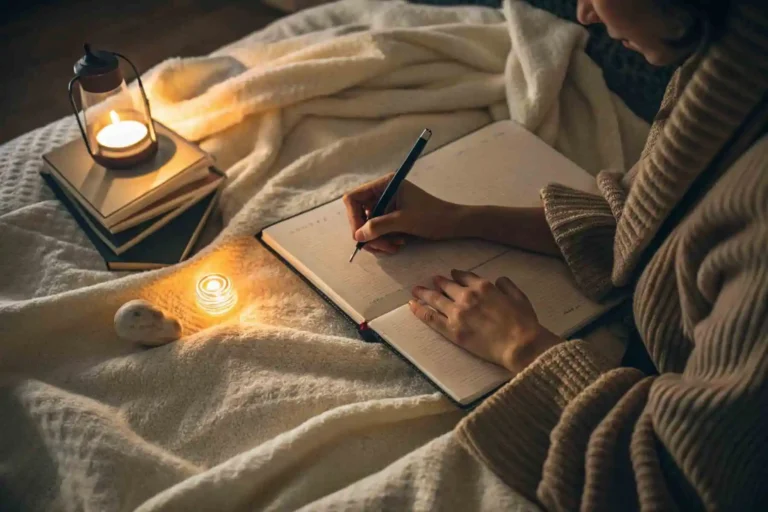 Close-up of hands performing a dream journaling ritual, writing in an open notebook under soft, warm light.
