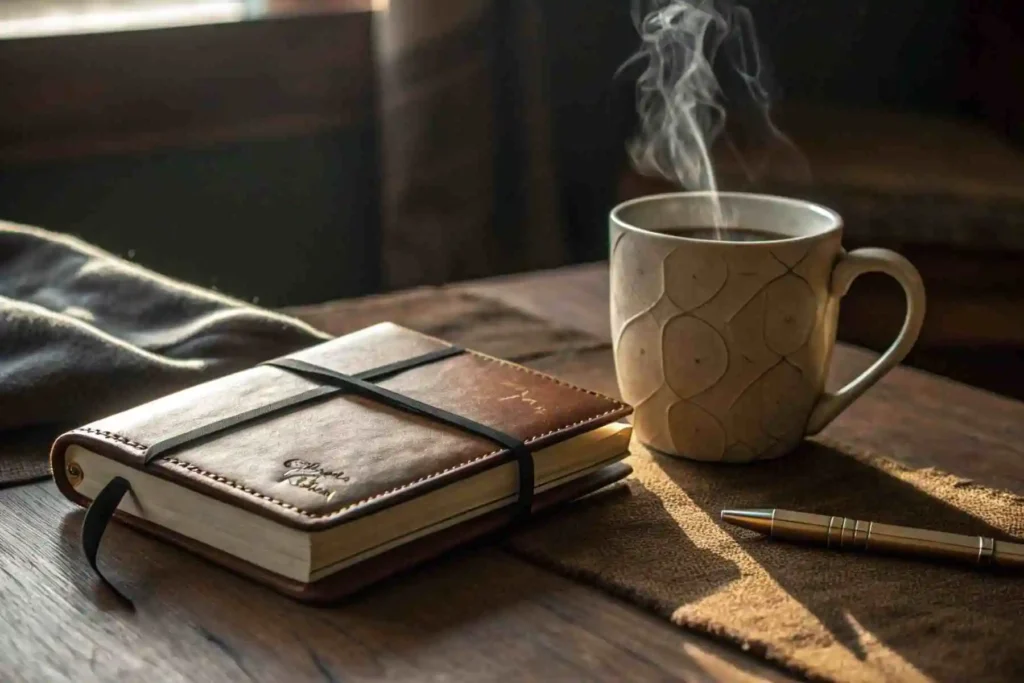 A closed journal with a hand on the cover, completing a dream journaling ritual next to a warm cup of tea