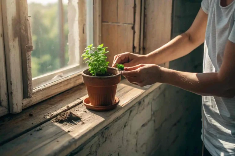 A person's hands tending a green houseplant, a grounding act providing relief from the quiet exhaustion caused by post-AI burnout.