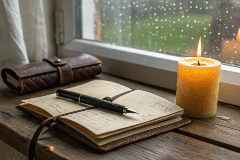 Cozy journaling setup with candle for shadow work journal prompts and inner peace reflection.