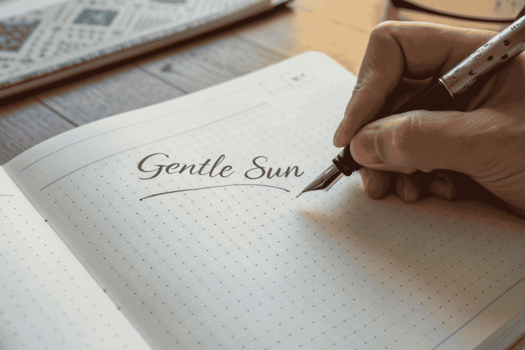 A close-up of hands writing an intention in a slow living daily planner, a simple ritual to align with one's inner climate for the day.