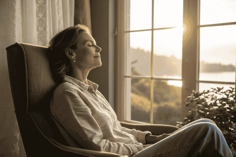 A woman with her eyes closed, ready to start her breathwork online session in a calm, sunlit room, demonstrating a moment of peace.