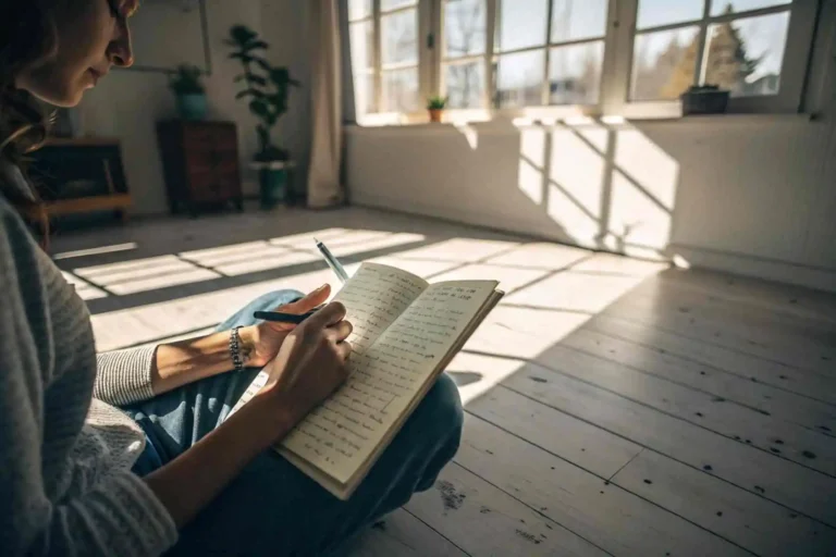 Woman's hands writing in a journal on a sunlit wooden floor, an act of sun exposure journaling for inner peace and mental clarity.