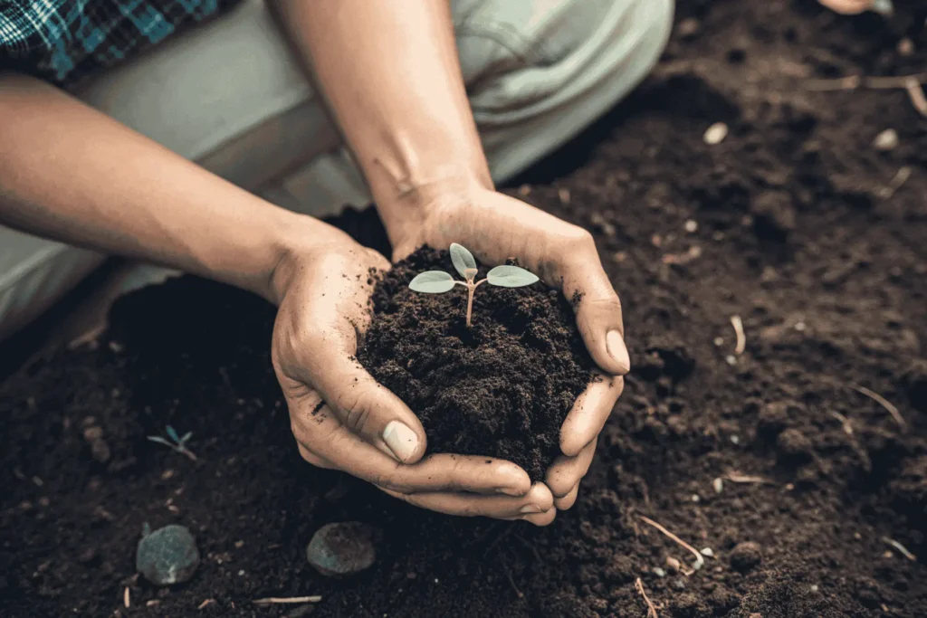 Hands gently nurturing a small sprout in soil, symbolizing how shadow work questions support deep personal healing.