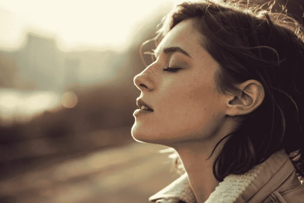 A close-up of a person's face during a breathwork online practice, gently exhaling to demonstrate the 4-7-8 Softening Breath for surrender.