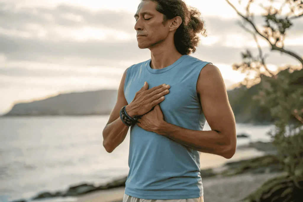 A person practicing the Anchor Breath, a form of breathwork online, with one hand on their heart and the other on their belly to feel their breath.