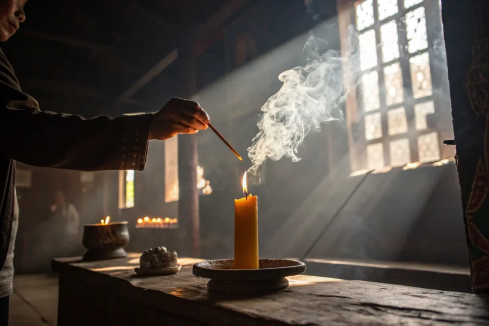 Lighting a beeswax candle to signal the candlelight threshold and melatonin production.