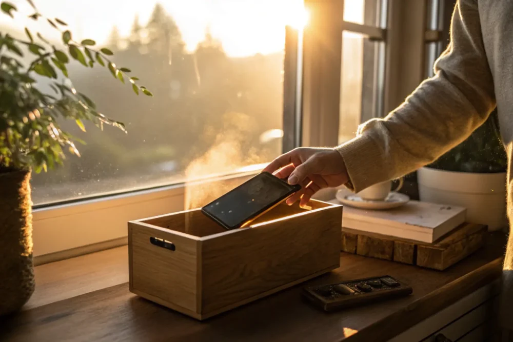 Hand putting phone away in a drawer to start the digital sunset ritual.
