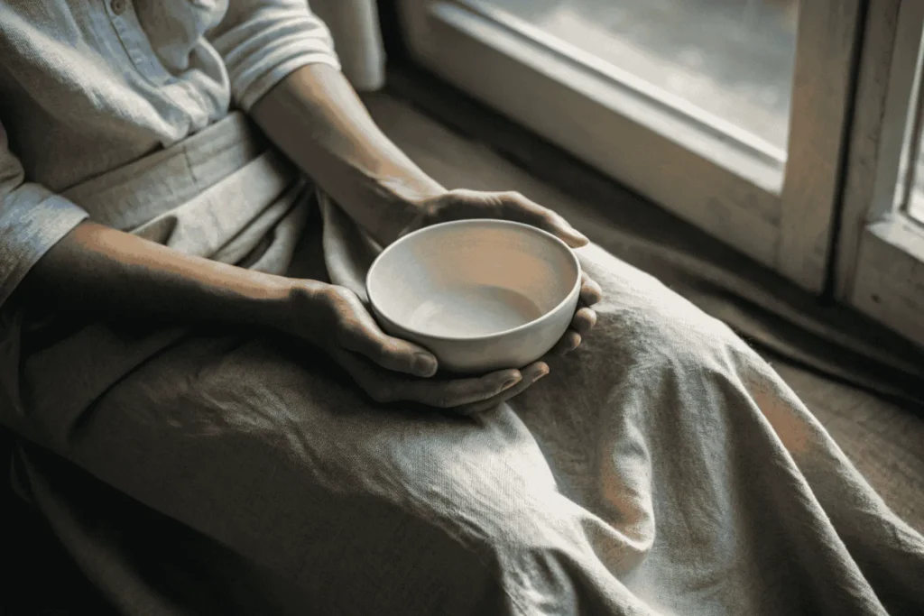 Hands cupped in a receiving gesture, symbolizing the divine feminine energy and the ritual of creating space for inner harmony.