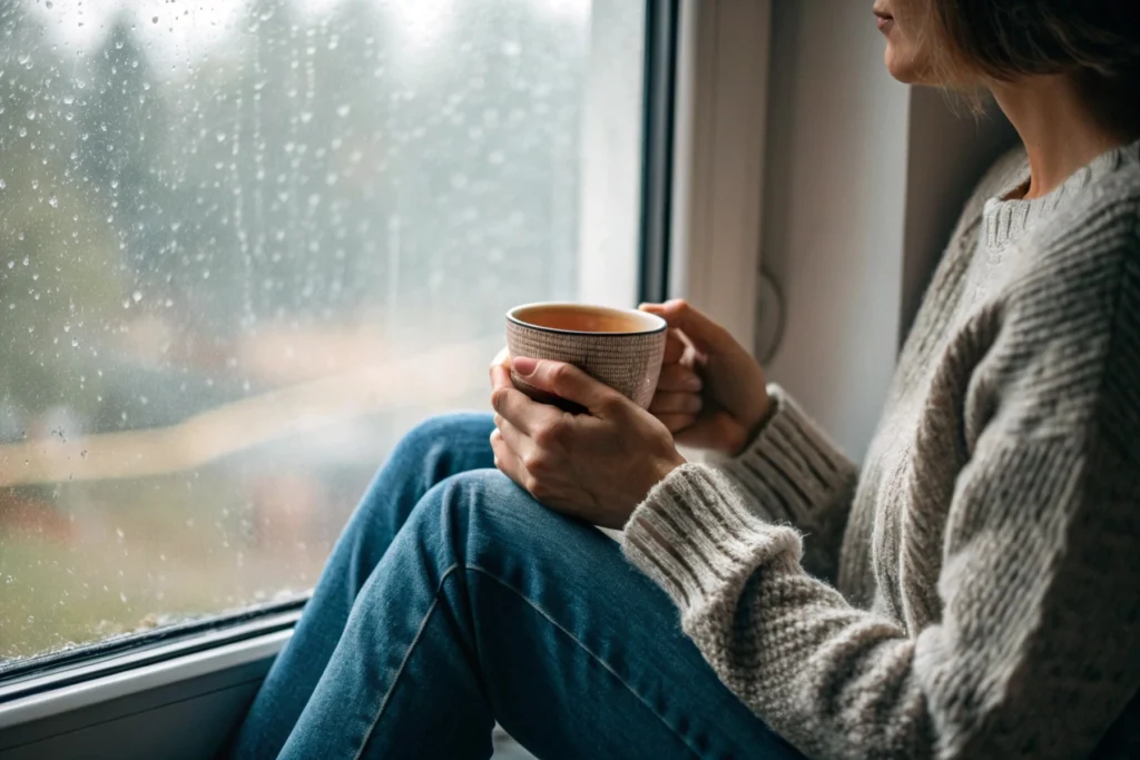 Hands holding a warm mug by a window, a moment of peace away from screens that embodies a true digital sanctuary.