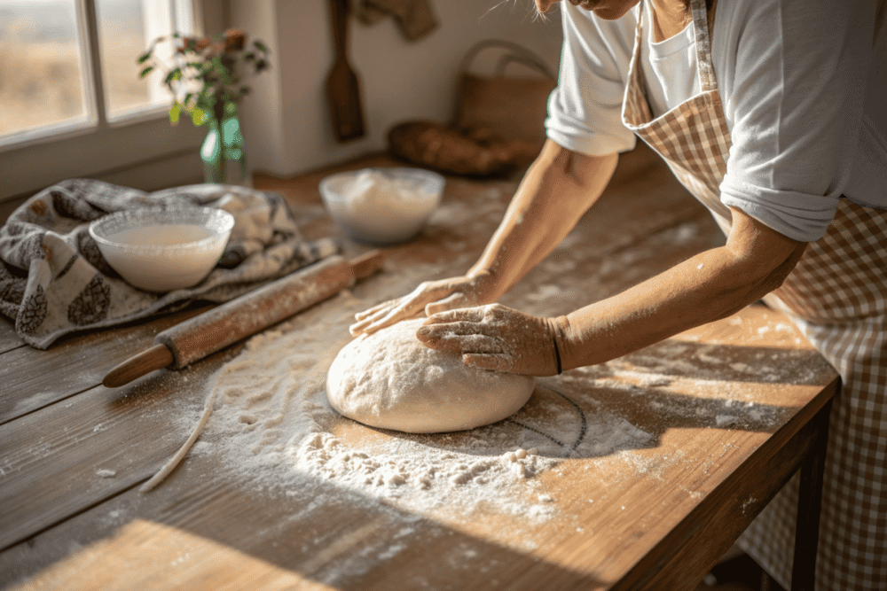 Woman kneading dough as a friction ritual to cure post-ai burnout and ground the nervous system.