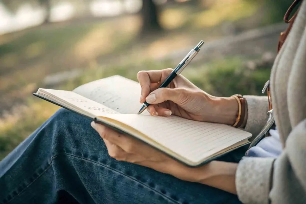  Close-up of hands journaling in a diary, holding a pen over the page to practice the first step of narrative rest for emotional clarity.