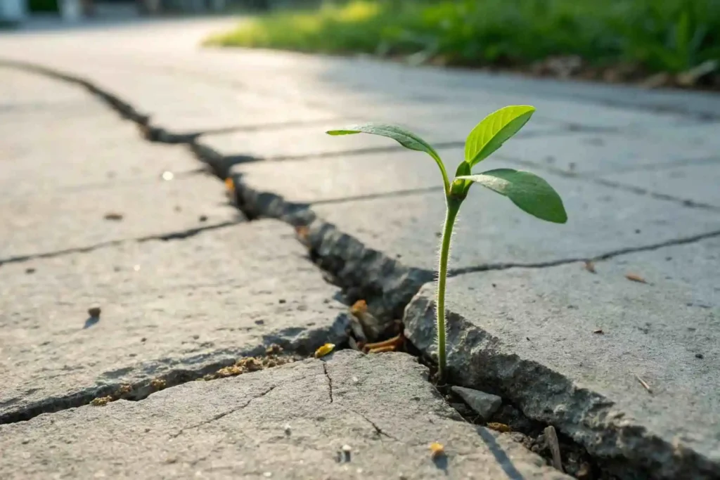 A tiny green sprout grows through a crack in stone, a visual metaphor for the gentle, unwavering strength of soft resistance rituals.