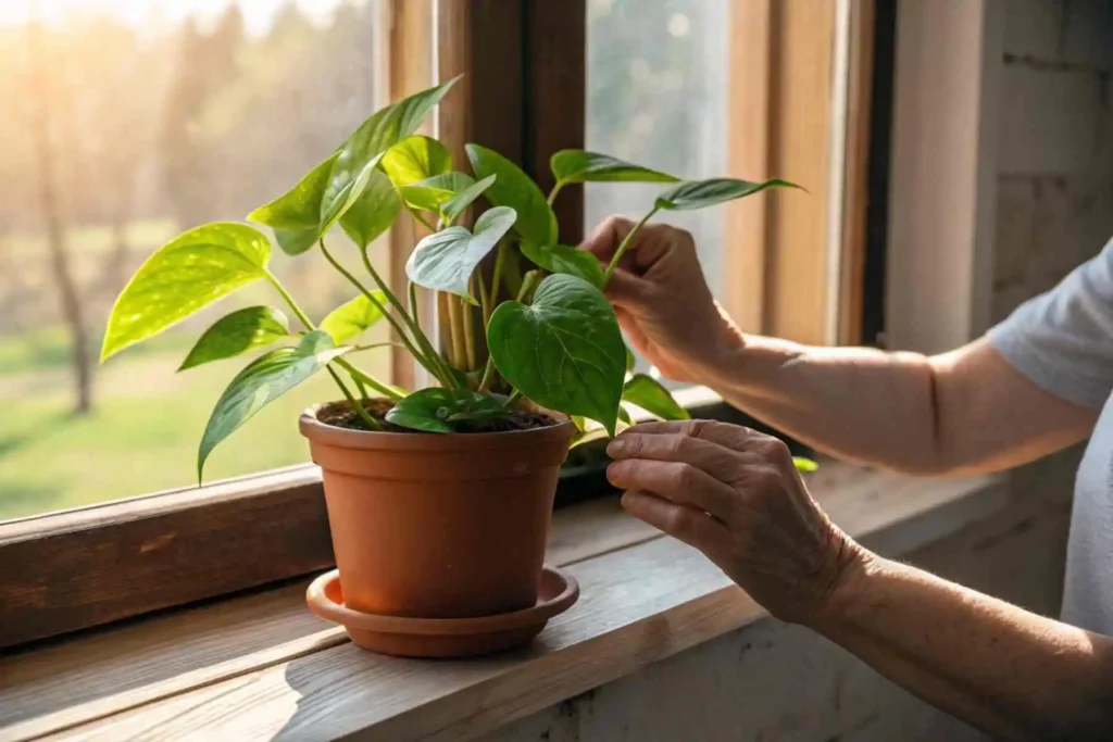 A person's hands gently touching a plant leaf, a beautiful result of creating space for peace with gentle automation systems.