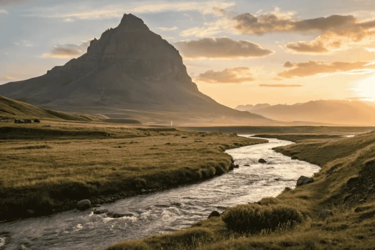 A serene landscape showing the balance of masculine and feminine energy: a strong mountain meeting a flowing river at sunset.
