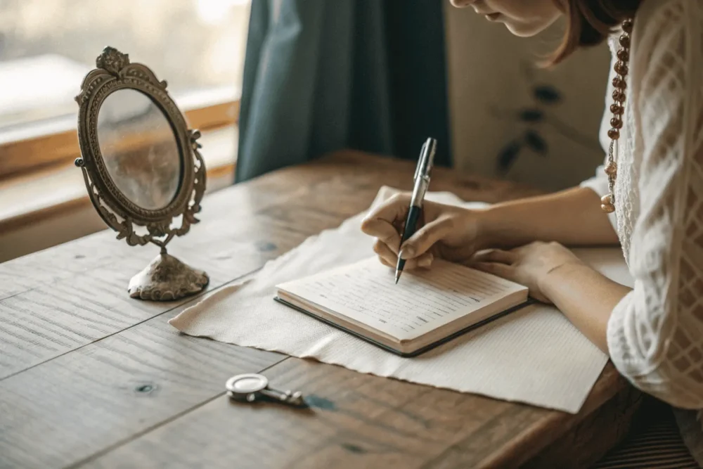 Woman using the somatic mirror pause while writing answers to shadow work journal prompts.