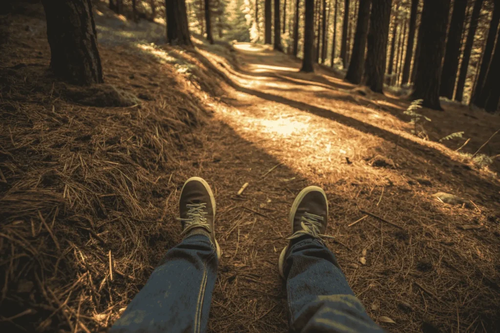 A person’s feet on a forest path. This grounding moment is one of many simple mindfulness exercises women can do to feel supported and present.