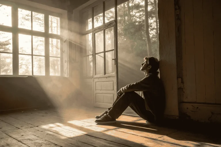 A person sitting in quiet contemplation as sunlight streams through a window, symbolizing a peaceful moment of personal spiritual growth.