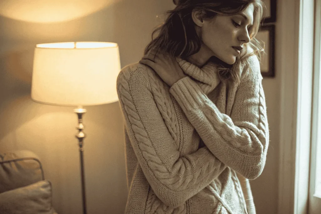 A woman in a cozy sweater in a nurturing self-embrace, a direct portal to feeling held and supported by her own feminine energy.