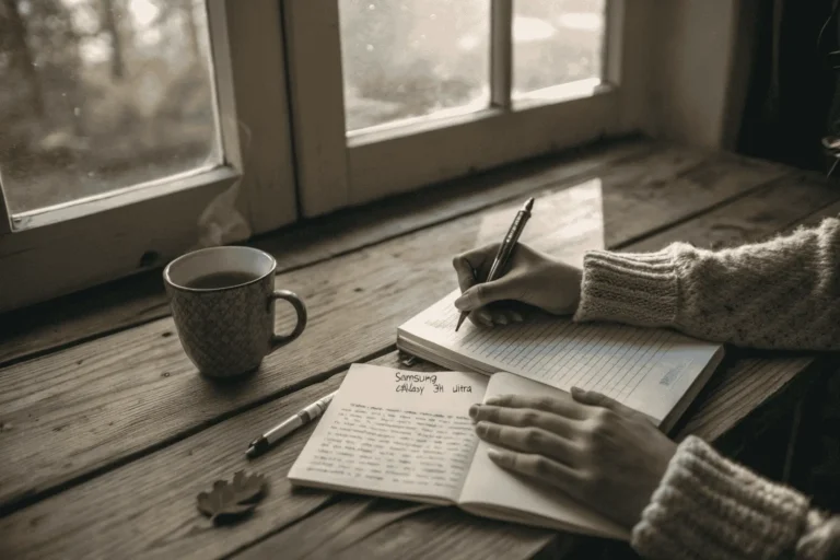 A quiet scene showing journaling to access the power of the subconscious mind, with a cup of tea by a window.