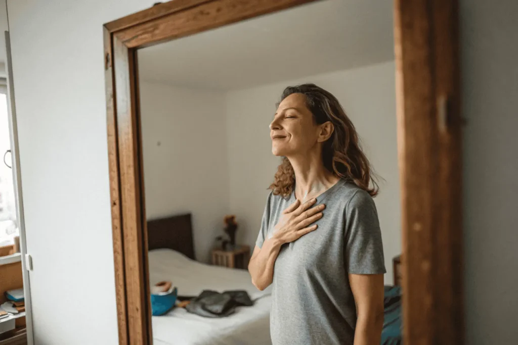 A woman practicing a daily affirmation in the mirror, with her hand on her heart. A gentle ritual for women to build authentic self-compassion.