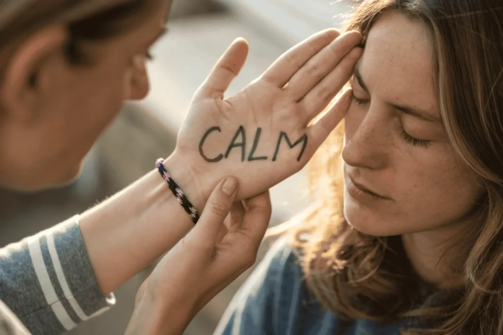 A close-up of a woman tracing a word on her palm, a somatic daily affirmation for women to find calm in a busy day.