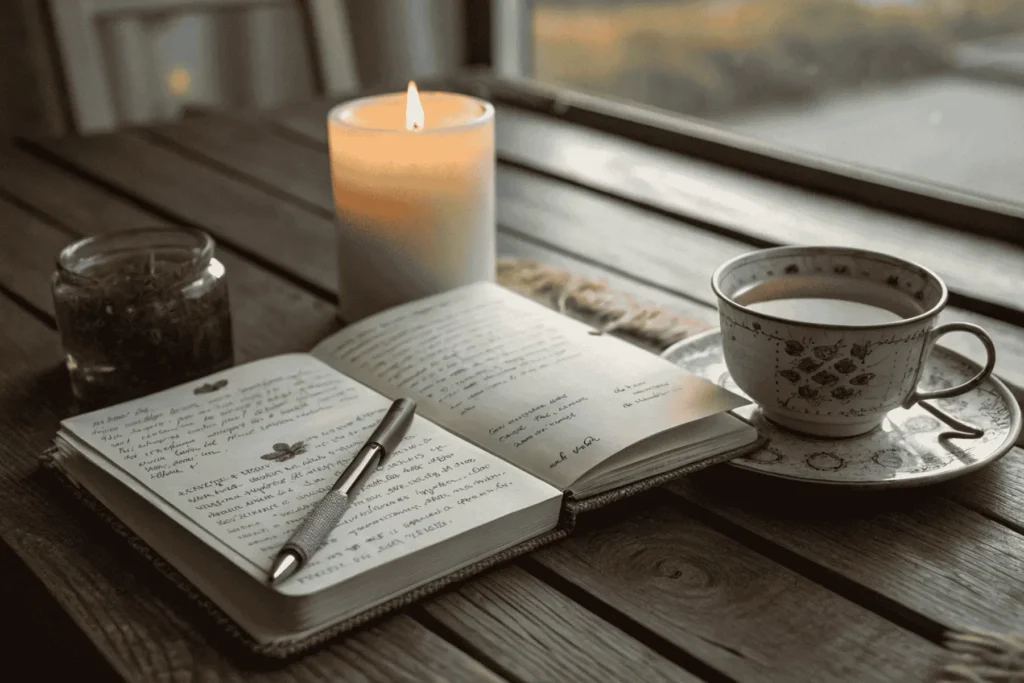Mindful journaling practice with candle and herbal tea for self-reflection.