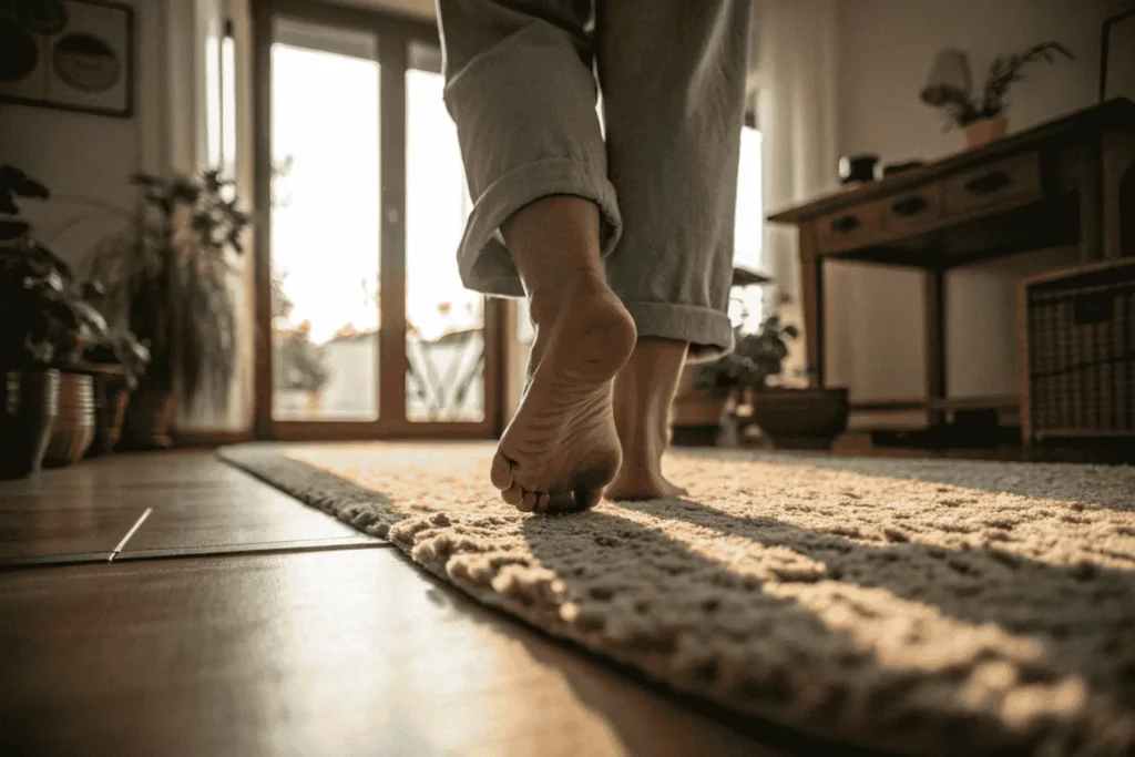 Bare feet on soft ground practicing grounding mindfulness exercises.
