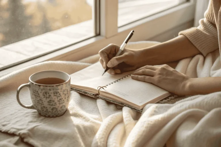 A woman's hands writing in a journal as a practice for how to heal your nervous system, an example of gentle somatic healing at home.